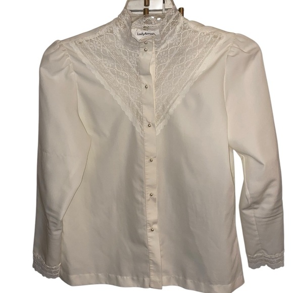 vintage 70s off white  lace victoria inspired pearl button mock neck blouse . - Picture 2 of 13